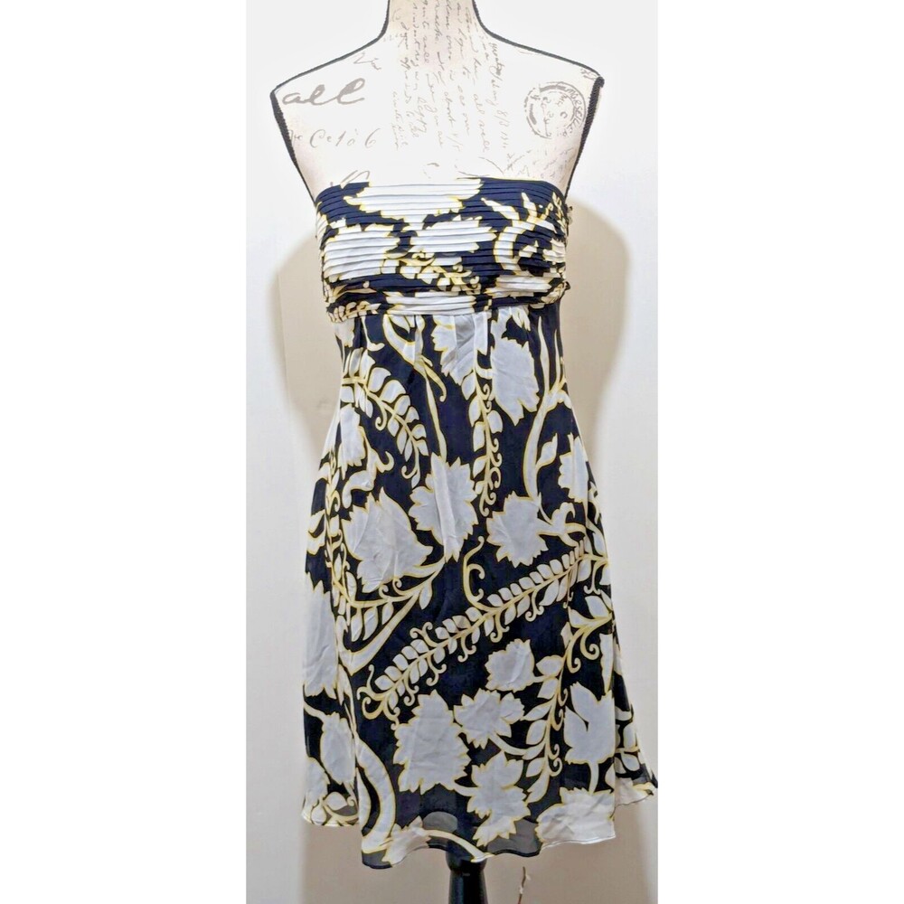 Ann Taylor Strapless Silk Dress 8P Navy White Bold Floral Pleated Bodice